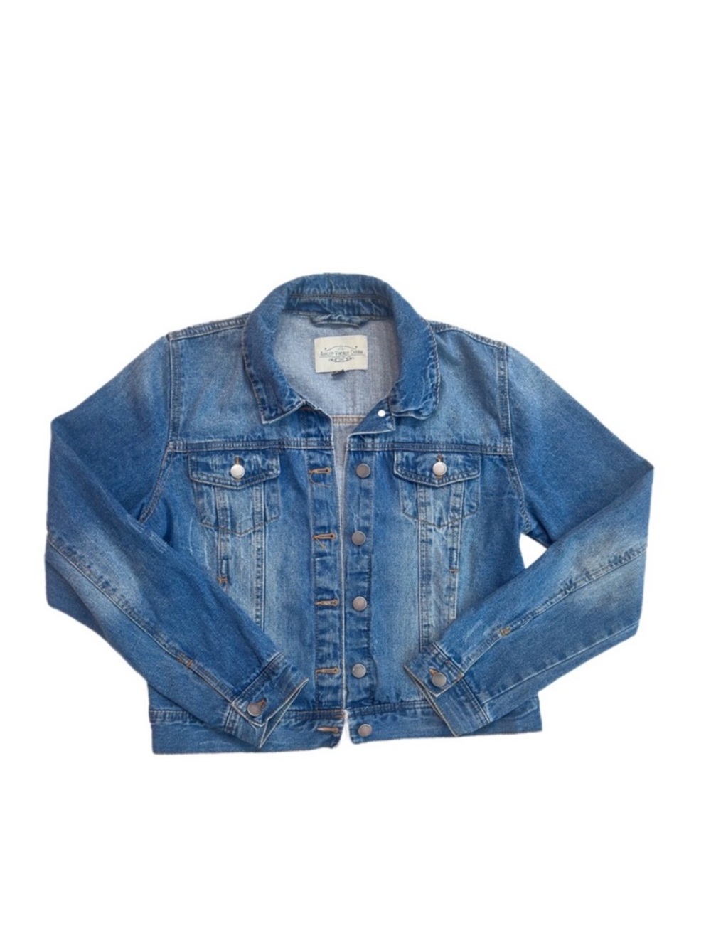 #86 ASHLEY VINTAGE CHARM ~ Medium Wash Distressed Blue Jean Jacket size L